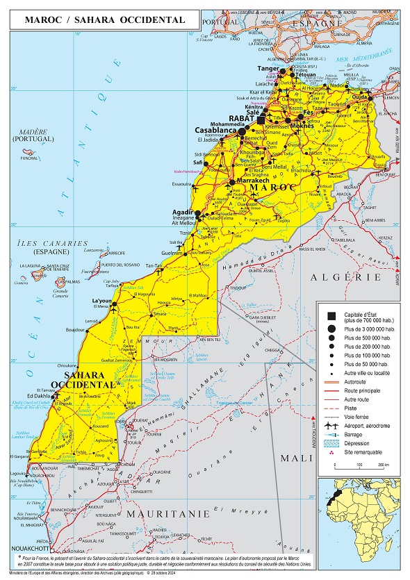 Carte du Maroc incluant les provinces du Sud, ministère français de l’Europe et des Affaires étrangères (archives diplomatiques, 2024)